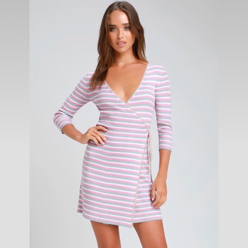 Pink Striped Sweater Wrap Dress NWT